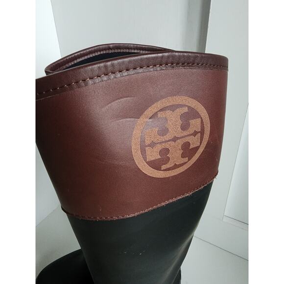 Tory Burch Diana Tall Rubber Rain Boots Womens Size 6 Logo Black Brown Logo - Picture 8 of 11